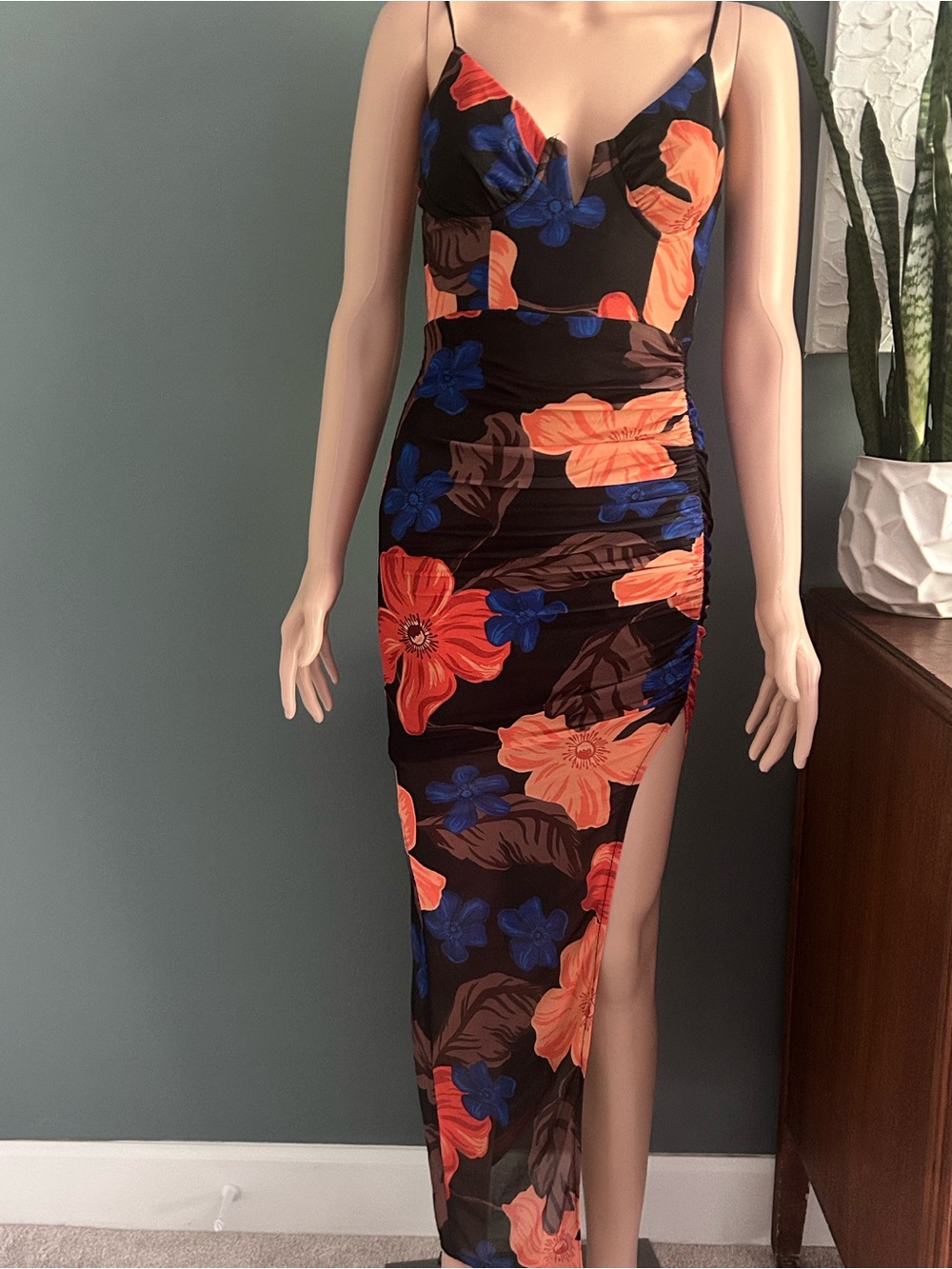 Hello Molly Black Maxi Dress with Orange & Blue Floral